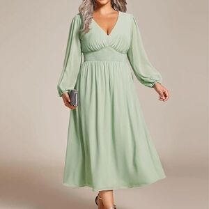 Ever Pretty Sage Green V-Neck Bishop Sleeve Midi Dress